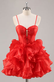 Red A Line Corset Keyhole Ruffled Short Graduation Dress With Bows
