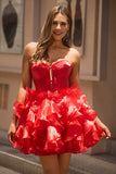 A Line Strapless Corset Tiered Red Graduation Dress with Bows