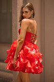 A Line Strapless Corset Tiered Red Graduation Dress with Bows