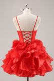 Red A Line Corset Keyhole Ruffled Short Graduation Dress With Bows