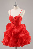 Red A Line Corset Keyhole Ruffled Short Graduation Dress With Bows