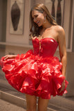 A Line Strapless Corset Tiered Red Graduation Dress with Bows