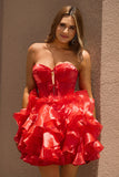 A Line Strapless Corset Tiered Red Graduation Dress with Bows