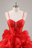 Red A Line Corset Keyhole Ruffled Short Graduation Dress With Bows