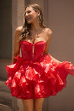 A Line Strapless Corset Tiered Red Graduation Dress with Bows