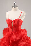 Red A Line Corset Keyhole Ruffled Short Graduation Dress With Bows