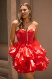 A Line Strapless Corset Tiered Red Graduation Dress with Bows