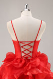 Red A Line Corset Keyhole Ruffled Short Graduation Dress With Bows