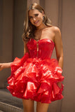 A Line Strapless Corset Tiered Red Graduation Dress with Bows