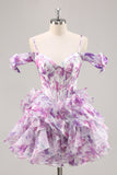 Purple A Line Off The Shoulder Printed Corset Graduation Dress with Ruffles