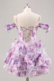 Purple A Line Off The Shoulder Printed Corset Graduation Dress with Ruffles