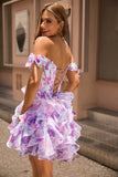 Purple A Line Off The Shoulder Printed Corset Graduation Dress with Ruffles