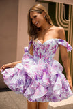 Purple A Line Off The Shoulder Printed Corset Graduation Dress with Ruffles