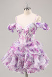 Purple Cold Shoulder A Line Printed Corset Short Graduation Dress With Ruffles