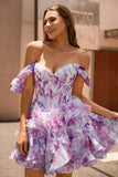 Purple A Line Off The Shoulder Printed Corset Graduation Dress with Ruffles