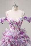 Purple Cold Shoulder A Line Printed Corset Short Graduation Dress With Ruffles