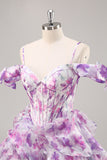 Purple Cold Shoulder A Line Printed Corset Short Graduation Dress With Ruffles