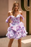Purple A Line Off The Shoulder Printed Corset Graduation Dress with Ruffles
