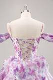 Purple Cold Shoulder A Line Printed Corset Short Graduation Dress With Ruffles