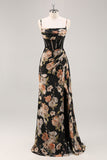 Sparkly Black Corset Floral Long Bridesmaid Dress with Beading