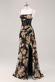 Sparkly Black Corset Floral Long Bridesmaid Dress with Beading