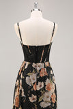 Sparkly Black Corset Floral Long Bridesmaid Dress with Beading