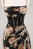 Sparkly Black Corset Floral Long Bridesmaid Dress with Beading