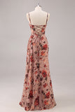 Dusty Rose Sheath Ruched Floral Corset Long Bridesmaid Dress with Side Streamer