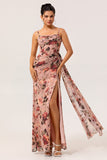 Dusty Rose Sheath Ruched Floral Corset Long Bridesmaid Dress with Side Streamer