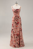 Dusty Rose Ruched Floral Corset Long Bridesmaid Dress with Slit