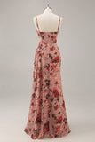 Dusty Rose Ruched Floral Corset Long Bridesmaid Dress with Slit