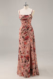Dusty Rose Ruched Floral Corset Long Bridesmaid Dress with Slit