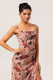 Dusty Rose Sheath Ruched Floral Corset Long Bridesmaid Dress with Side Streamer