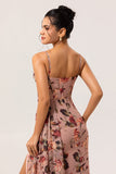 Dusty Rose Sheath Ruched Floral Corset Long Bridesmaid Dress with Side Streamer