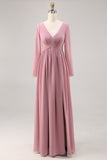 Simple Dusty Rose Long Sleeves V-Neck Bridesmaid Dress with Slit