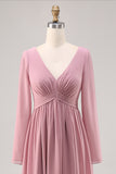 Simple Dusty Rose Long Sleeves V-Neck Bridesmaid Dress with Slit