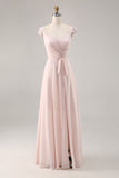 Candy Pink Cap Sleeves Ruched Long Bridesmaid Dress with Sash