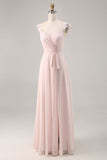 Candy Pink Cap Sleeves Ruched Long Bridesmaid Dress with Sash