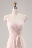 Candy Pink Cap Sleeves Ruched Long Bridesmaid Dress with Sash
