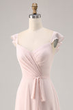 Candy Pink Cap Sleeves Ruched Long Bridesmaid Dress with Sash