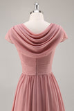 Dusty Rose V-Neck Ruched Chiffon Long Bridesmaid Dress with Drape