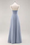 Dusty Blue Chiffon A Line Long Bridesmaid Dress with Ruffles