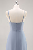 Dusty Blue Chiffon A Line Long Bridesmaid Dress with Ruffles