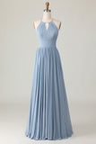 Dusty Blue Halter Chiffon Ruched Long Bridesmaid Dress with Keyholes