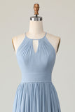 Dusty Blue Halter Chiffon Ruched Long Bridesmaid Dress with Keyholes