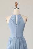 Dusty Blue Halter Chiffon Ruched Long Bridesmaid Dress with Keyholes