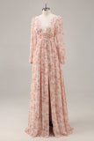 Pink Floral V-Neck Long Sleeves Chiffon Bridesmaid Dress with Slit