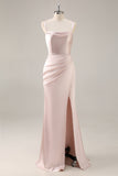 Candy Pink Satin Mermaid Ruched Long Bridesmaid Dress with Slit