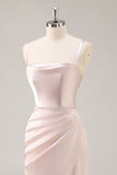 Candy Pink Satin Mermaid Ruched Long Bridesmaid Dress with Slit