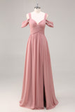 Dusty Rose Cold Shoulder Chiffon Ruched Long Bridesmaid Dress with Slit